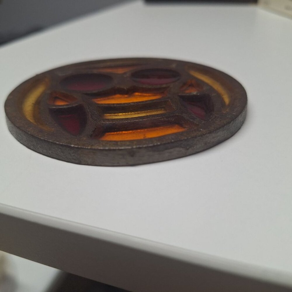 Owl Stained Glass Coaster Metal Vintage Orange Red 3.5 Inches - Picture 6 of 8